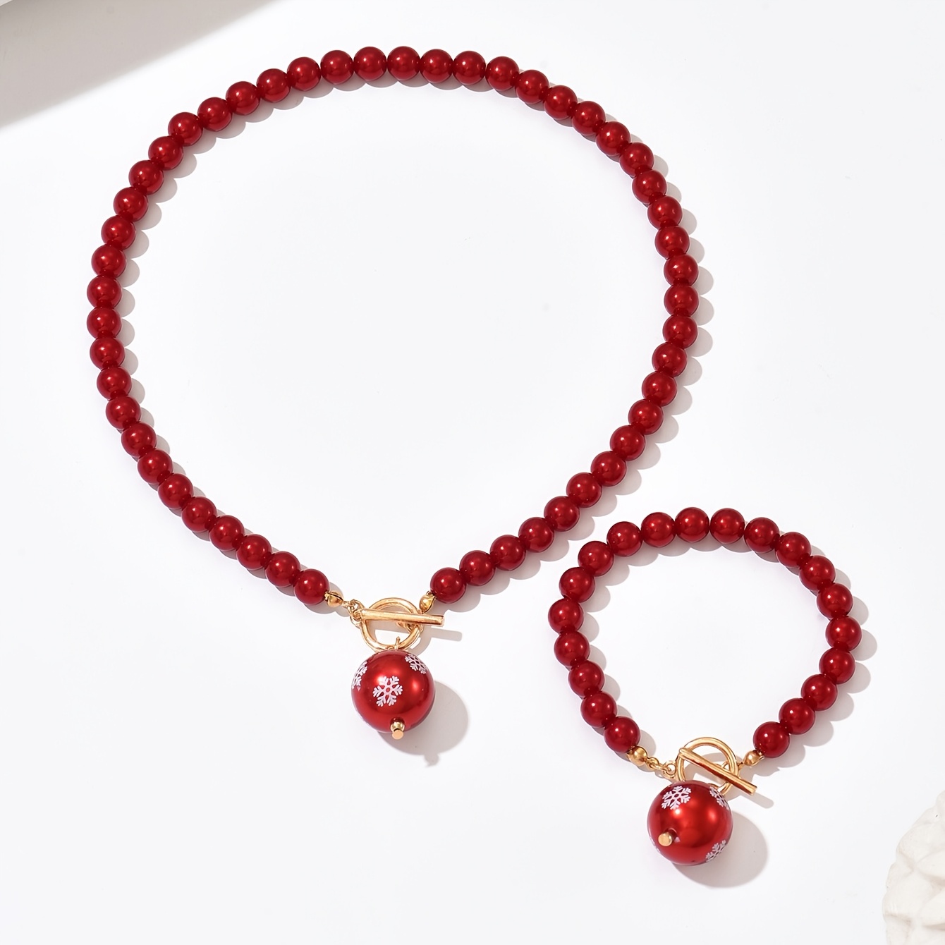 Christmas Atmosphere Wine-Red Snowflake Bead Bracelet Set, Festive Gift